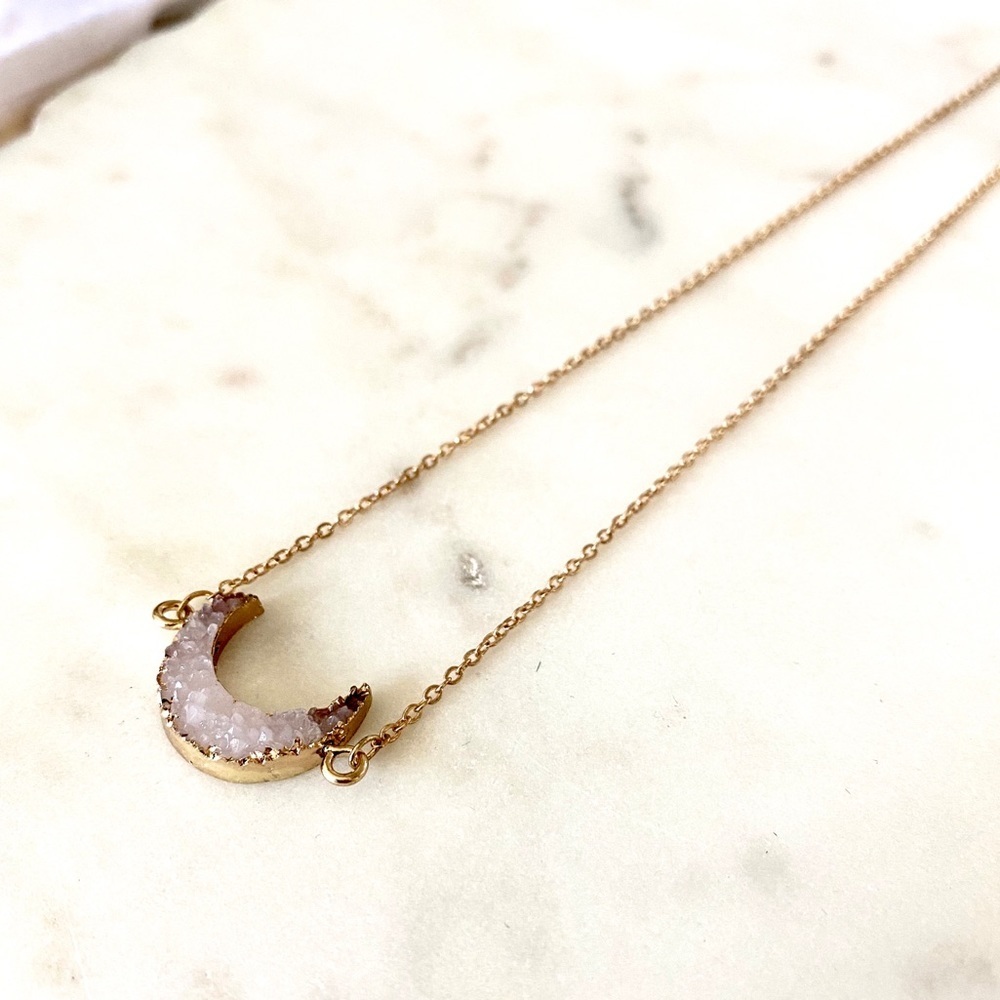 Gold Druzy Crescent Moon Necklace Link Chain Crystal Stone